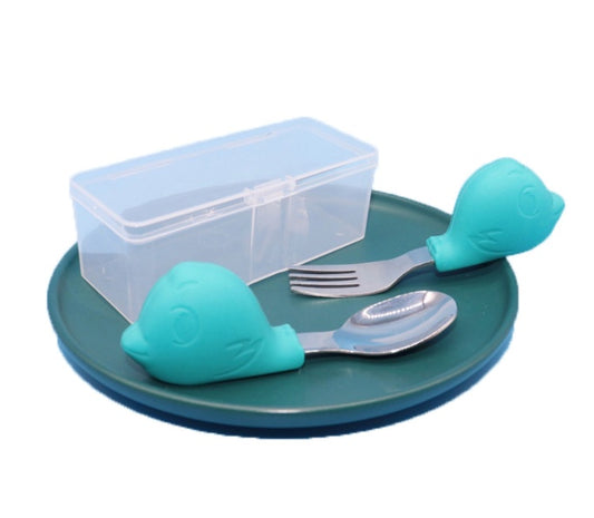 Baby Eating Training Fork &amp; Spoon Set – Cartoon Silicone